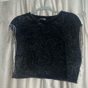 Fashion Nova top grey stylish mini crop top shirt bling rhinestone sleeve